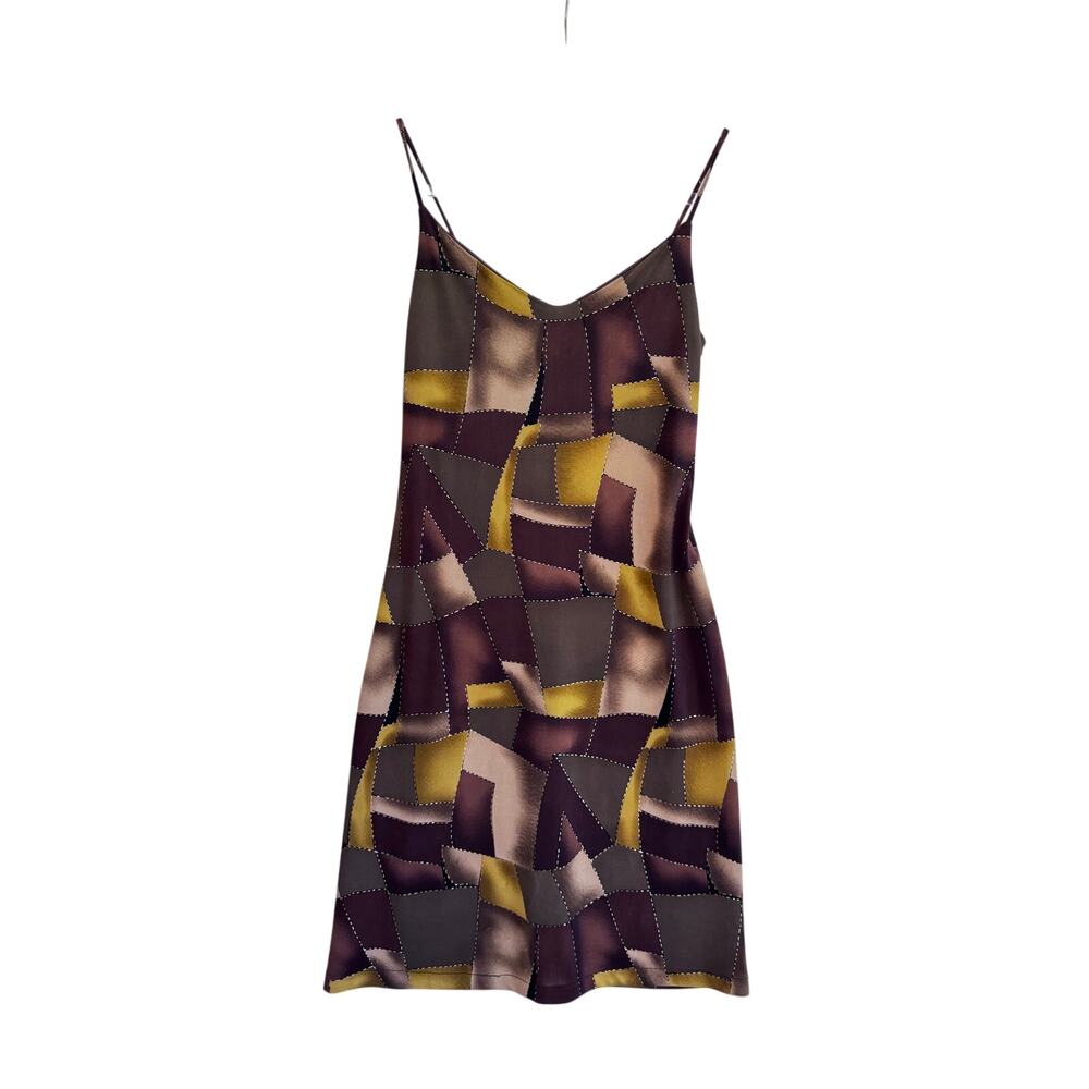 Vintage 90s Brown Abstract Geometric USA Slip Mini Dress Spaghetti Strap M Y2K